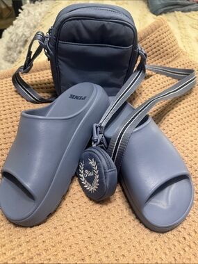PINK Dusty Blue Platform Slides with Matching Crossbody and Coin Pouch